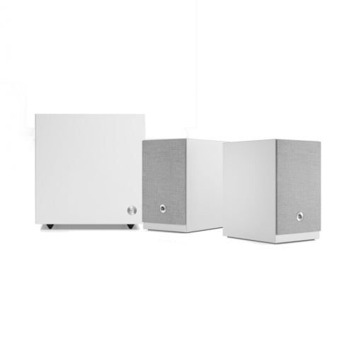 Audio Pro A28 W med SW-5 aktive strømmehøyttalere 2.1, hvitt i gruppen Pakker / Aktive høyttalersystemer hos Ljudfokus (SETA28WPKT2)