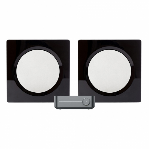WiiM Amp & DLS Flatbox D-One svarte stereopakker vegghøyttalere i gruppen Pakker / HiFi - musikkanlegg hos Ljudfokus (SETHDONEPKT1)