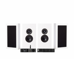 Dynavoice CA802BT med SC4B og 2 par DLS Flatbox Midi hvite vegghøyttalere