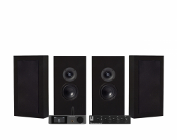 Dynavoice CA802BT med SC4B og 2 par DLS Flatbox Midi svarte vegghøyttalere