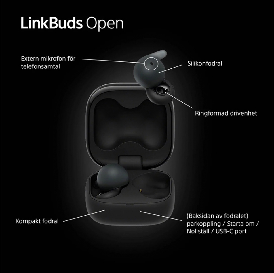 Sony LinkBuds Open True Wireless IPX4 in-ear hodetelefon med Bluetooth, svart