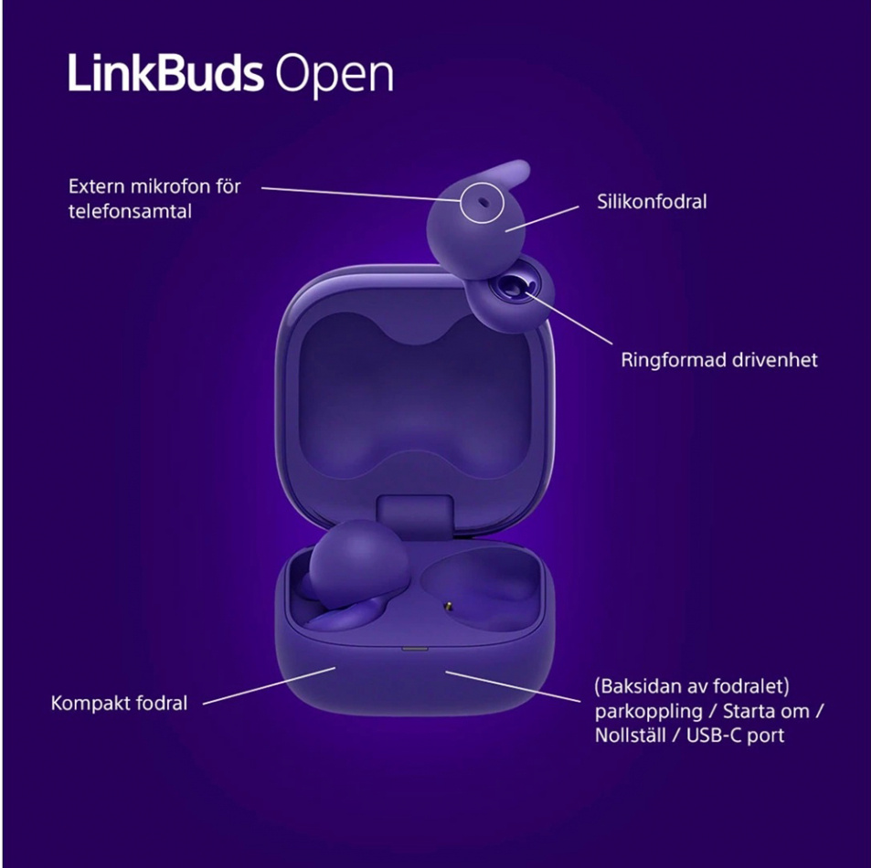 Sony LinkBuds Open True Wireless IPX4 in-ear hodetelefon med Bluetooth, lilla