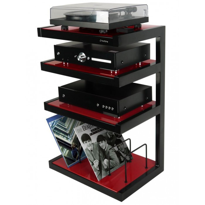 Norstone Esse Hifi Vinyl, matt svart med røde hyller & vinylfag