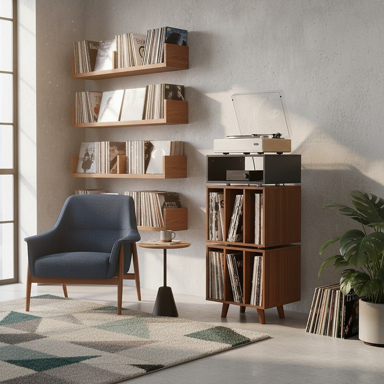 Norstone Stockholm 1100 mediebenk med vinyloppbevaring, svart/valnøtt