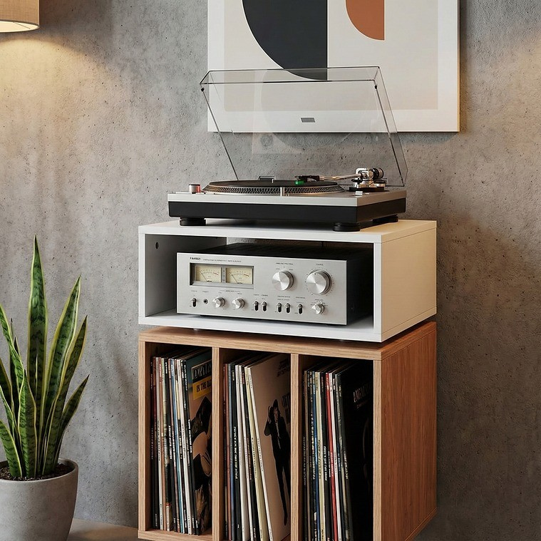 Norstone Stockholm 700 mediebenk med vinyloppbevaring, hvit/eik