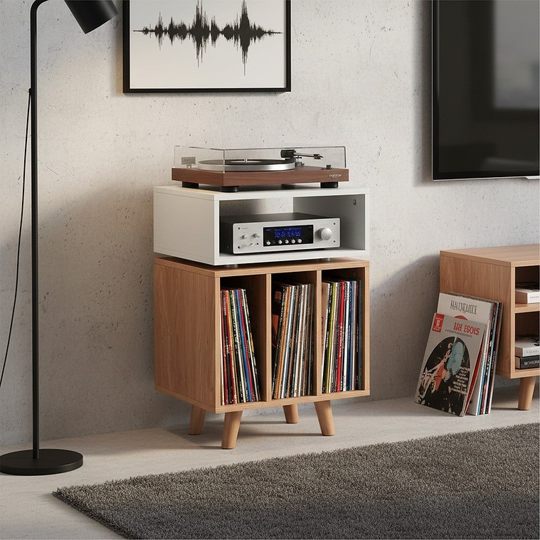 Norstone Stockholm 700 mediebenk med vinyloppbevaring, hvit/eik