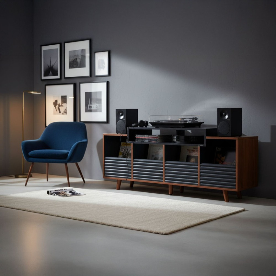 NorStone Oslo Vinyl 1600 mediabenk for platespiller & elektronikk, valnøtt/svart
