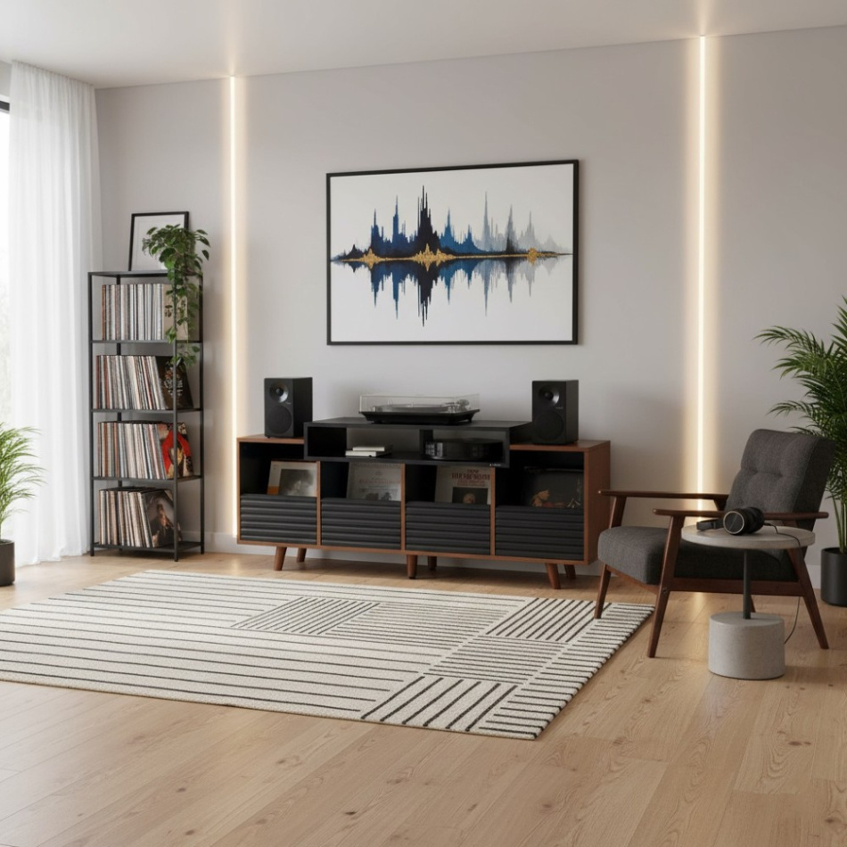 NorStone Oslo Vinyl 1600 mediabenk for platespiller & elektronikk, valnøtt/svart