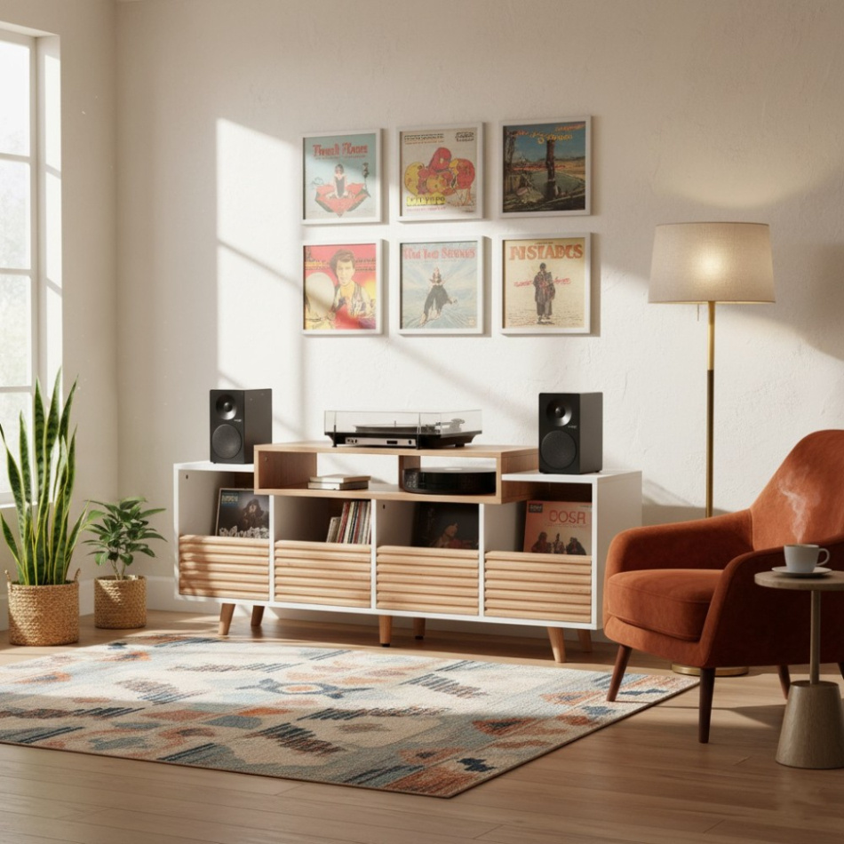 NorStone Oslo Vinyl 1600 mediabenk for platespiller & elektronikk, lys eik/hvit