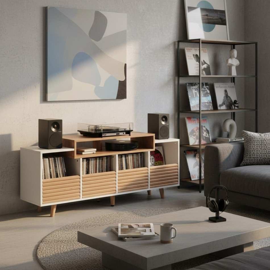 NorStone Oslo Vinyl 1600 mediabenk for platespiller & elektronikk, lys eik/hvit