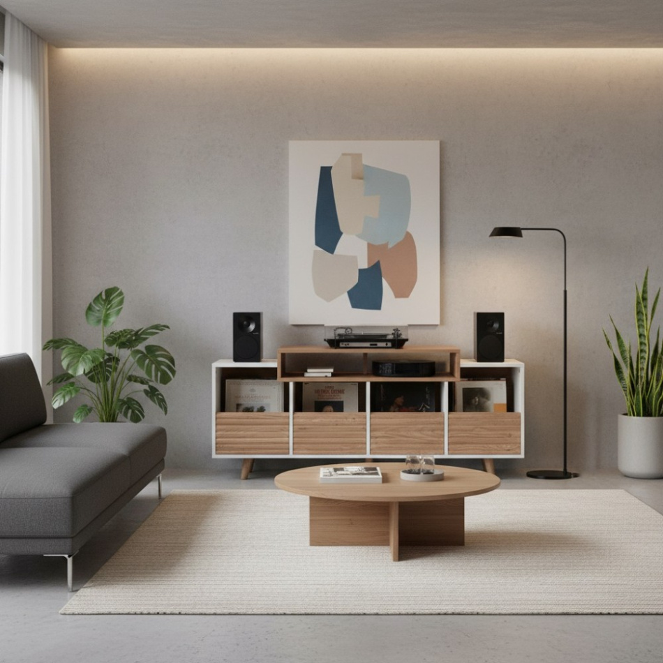 NorStone Oslo Vinyl 1600 mediabenk for platespiller & elektronikk, lys eik/hvit