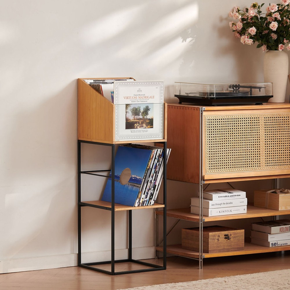 NorStone Vinyl LP Stand oppbevaring av vinylplater, bambus/svart