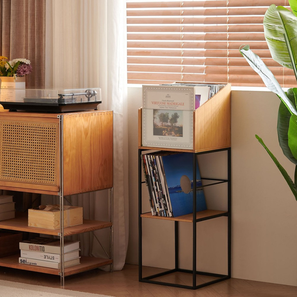 NorStone Vinyl LP Stand oppbevaring av vinylplater, bambus/svart