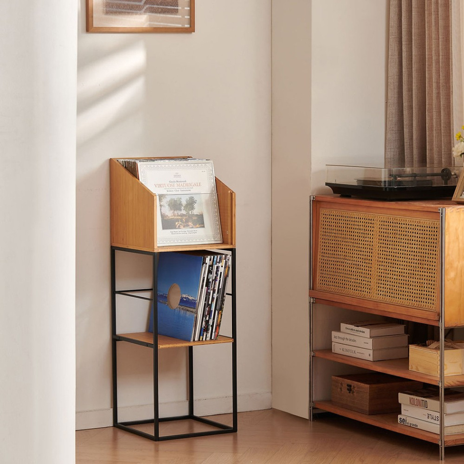 NorStone Vinyl LP Stand oppbevaring av vinylplater, bambus/svart
