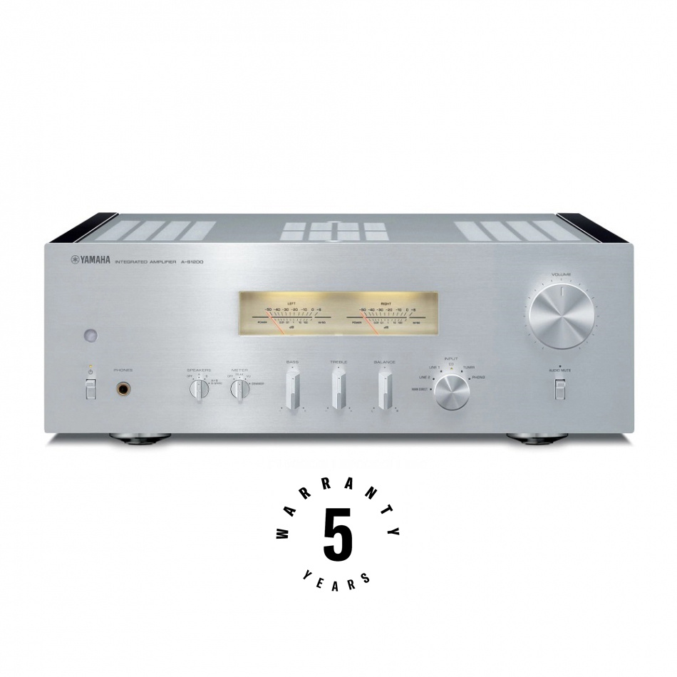 Yamaha A-S1200 stereoforsterker med VU-målere og vintage-design, sølv
