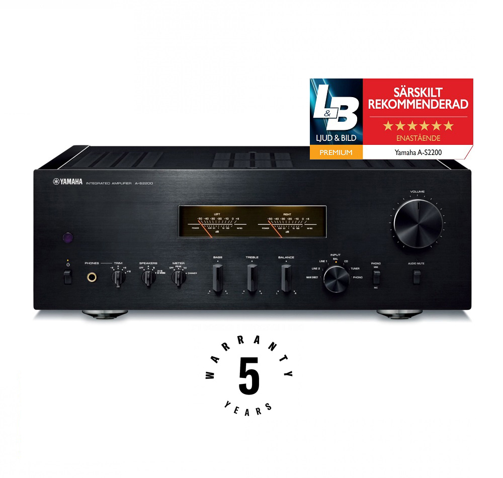 Yamaha A-S2200 stereoforsterker med VU-målere og vintage-design, svart
