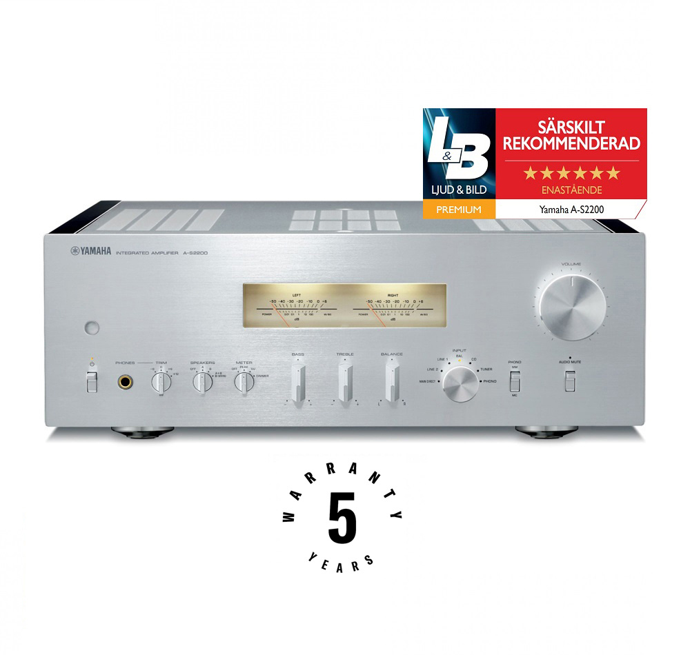 Yamaha A-S2200 stereoforsterker med VU-målere og vintage-design, sølv