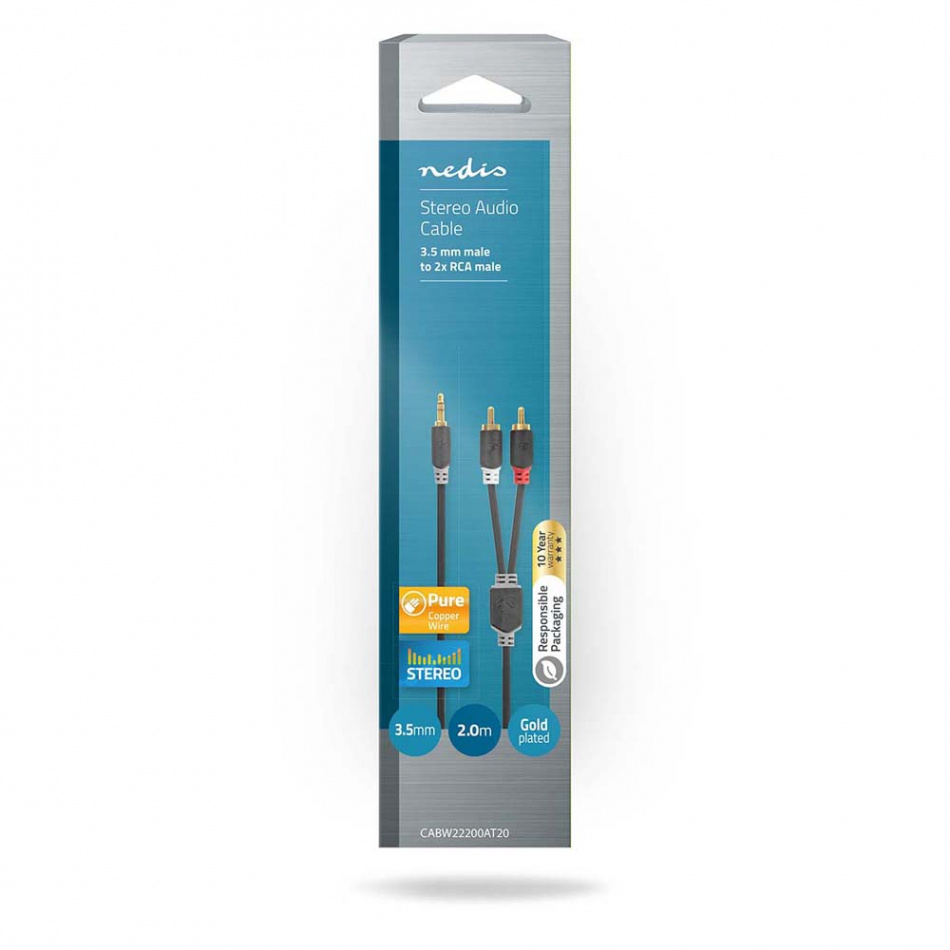 Nedis CAB-W22200 3.5mm - 2xRCA lydkabel for stereo, 2 meter