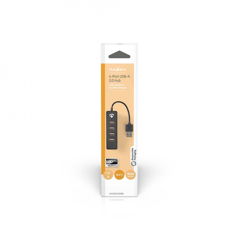 Nedis 4-ports USB 2.0-hub, 1x USB-A hann -> 4x USB-A hunn