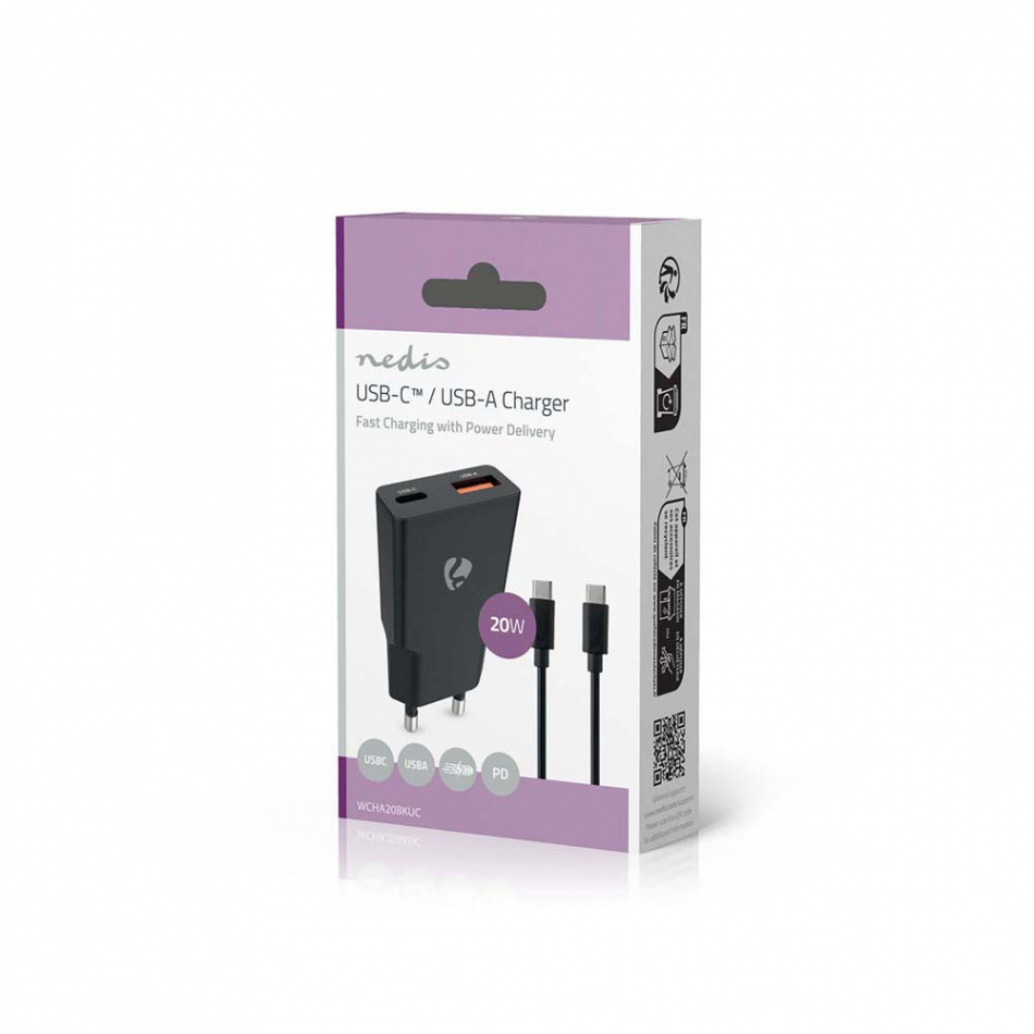 Nedis WCH-A20 GaN-vegglader 20 Watt inkl. USB-C-kabel, svart