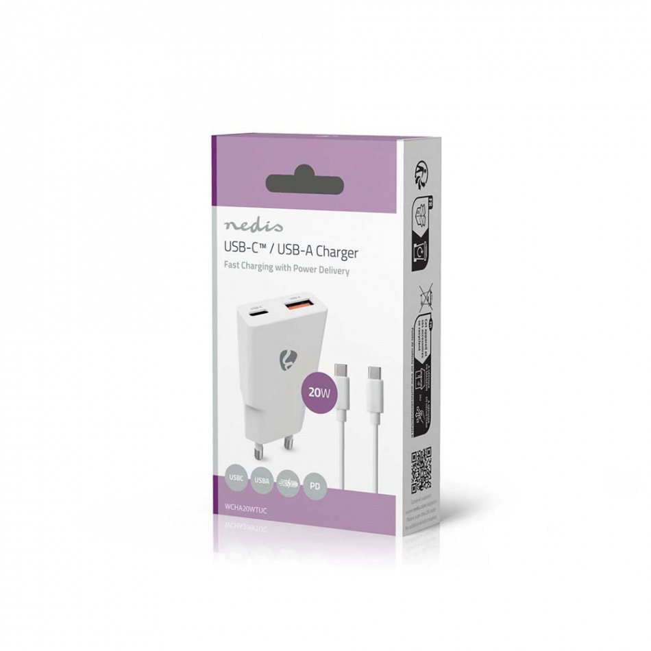 Nedis WCH-A20 GaN-vegglader 20 Watt inkl. USB-C-kabel, hvit
