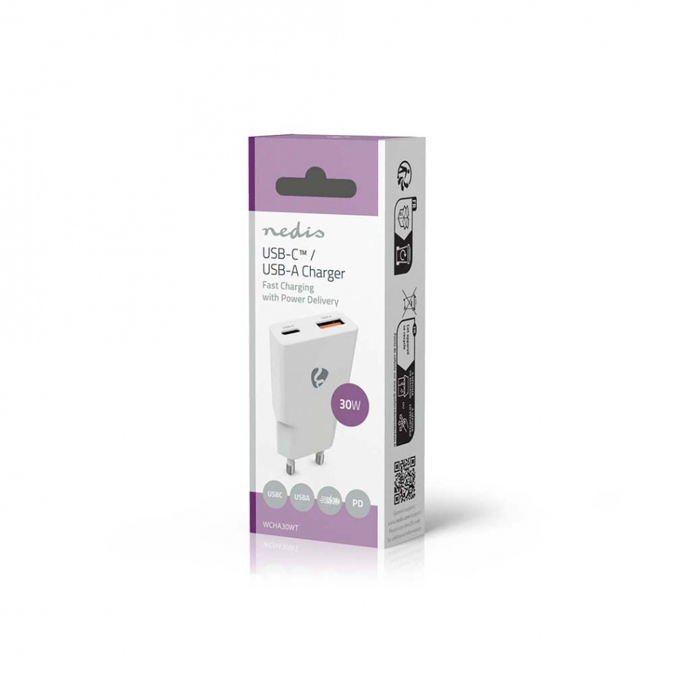 Nedis WCH-A30 GaN-vegglader 30 Watt, hvit