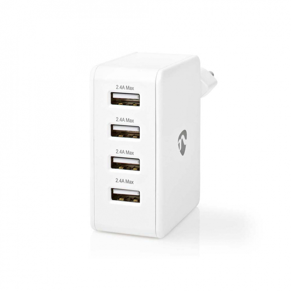 Nedis USB-A strømadapter 4 x 2.4A, hvit