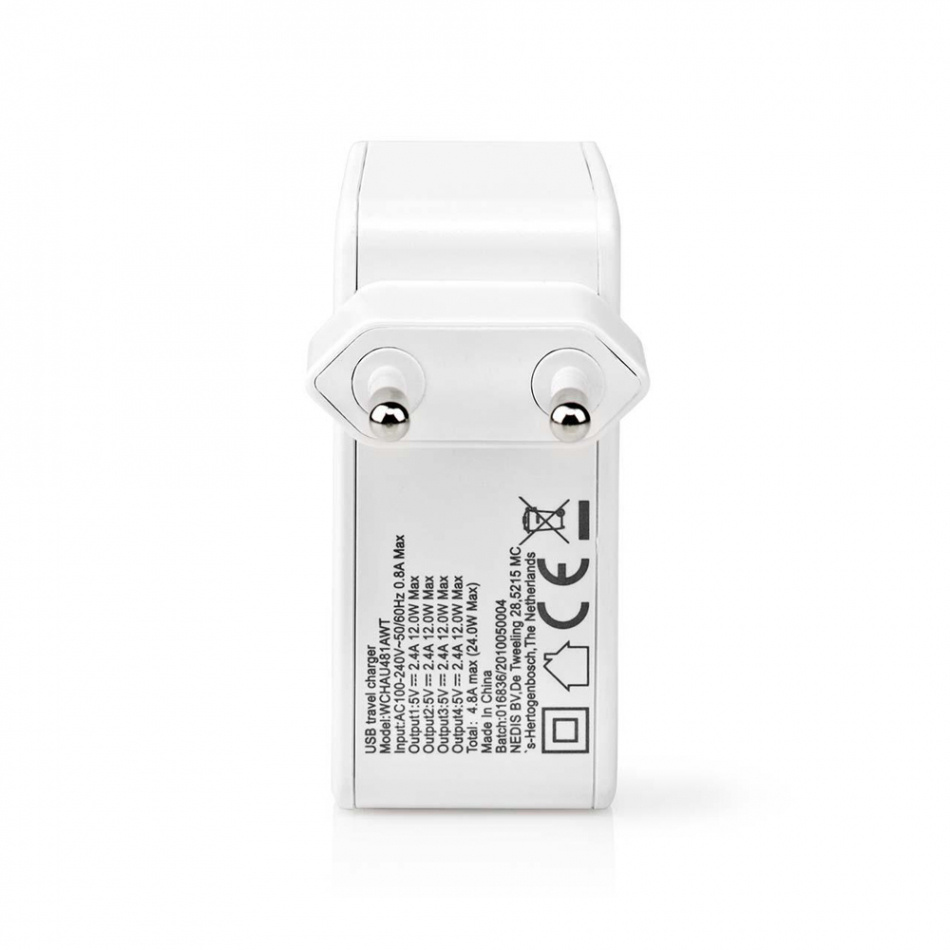 Nedis USB-A strømadapter 4 x 2.4A, hvit