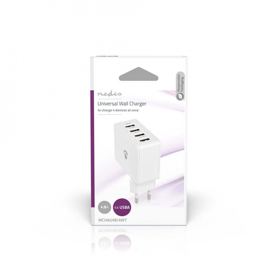 Nedis USB-A strømadapter 4 x 2.4A, hvit