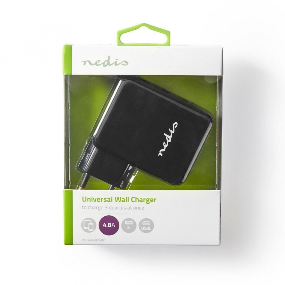Nedis USB-vegglader 4.8A 2xUSB-A og 1xUSB-C, svart