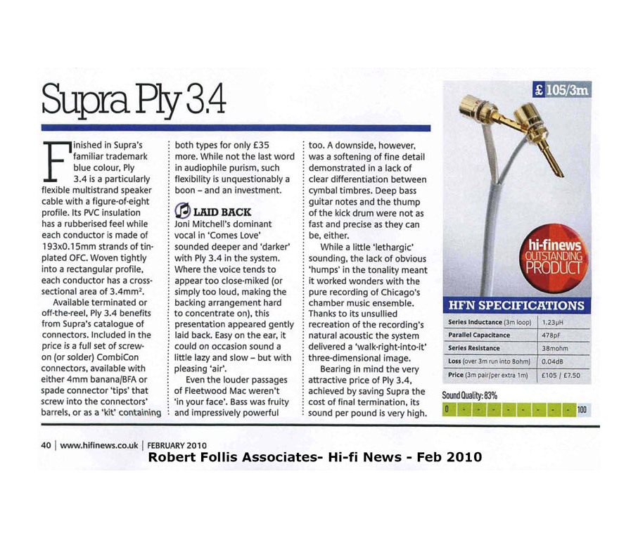 Supra PLY 3.4 Combicon, høyttalerkabel stereopar hvit