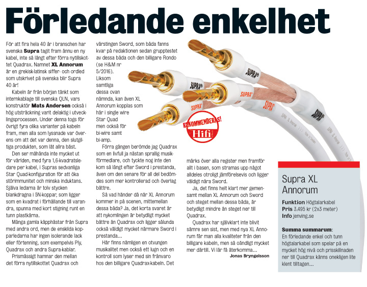Supra XL Annorum, terminert høyttalerkabel single-wire stereopar