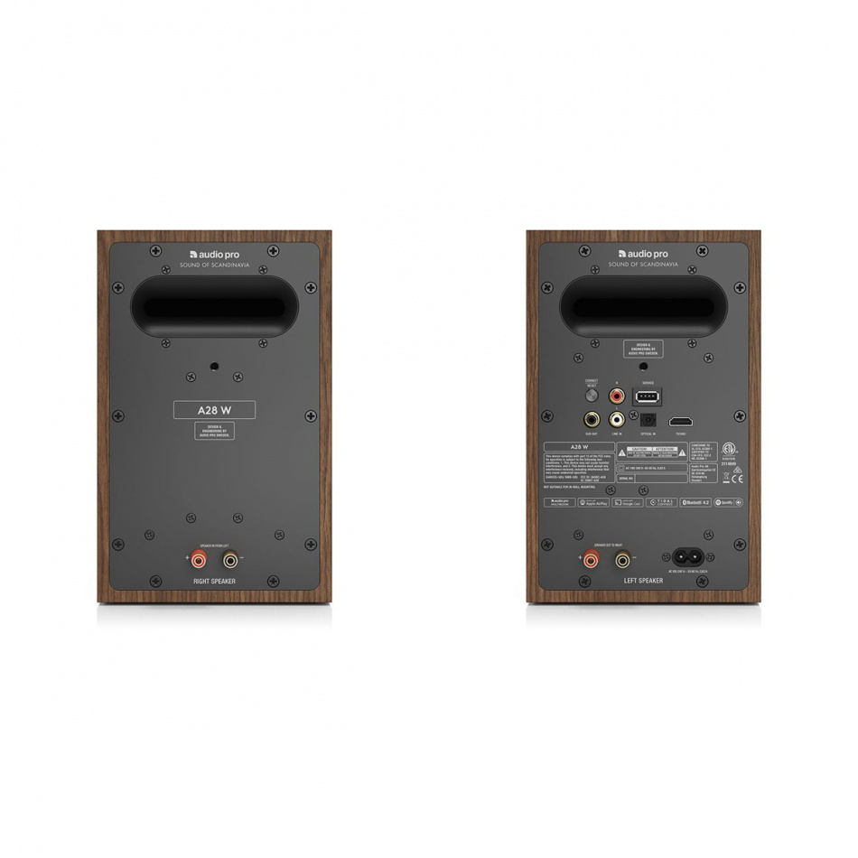 Audio Pro A28 W strømmingshøyttaler drevet av Linkplay med HDMI ARC, valnøtt par