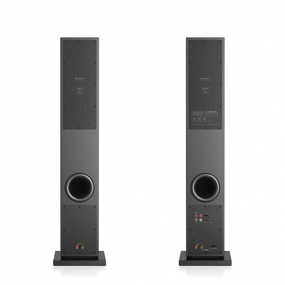 Audio Pro A38 W strømmingshøyttaler drevet av Linkplay med HDMI ARC, svart par