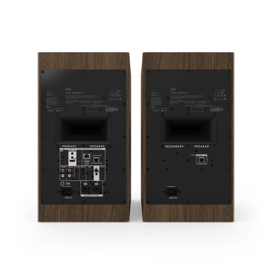Klipsch The Nines II streaminghøyttalere med HDMI, Dolby Atmos & Dirac Live, valnøtt par