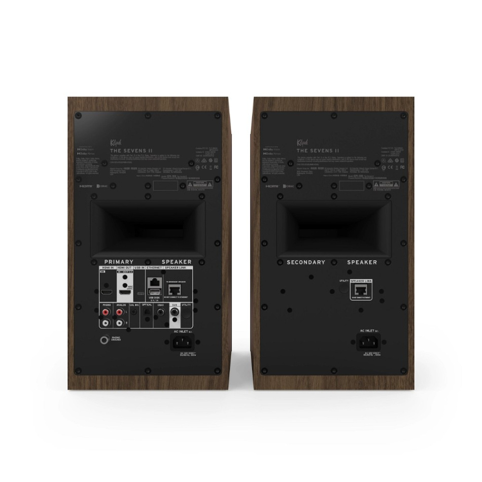 Klipsch The Sevens II streaminghøyttalere med HDMI, Dolby Atmos & Dirac Live, valnøtt par