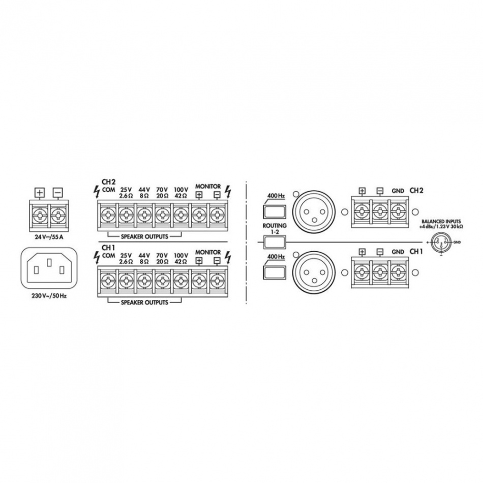 Monacor PA-2240 effektforsterker for stereobruk, 70/100V-kompatibel