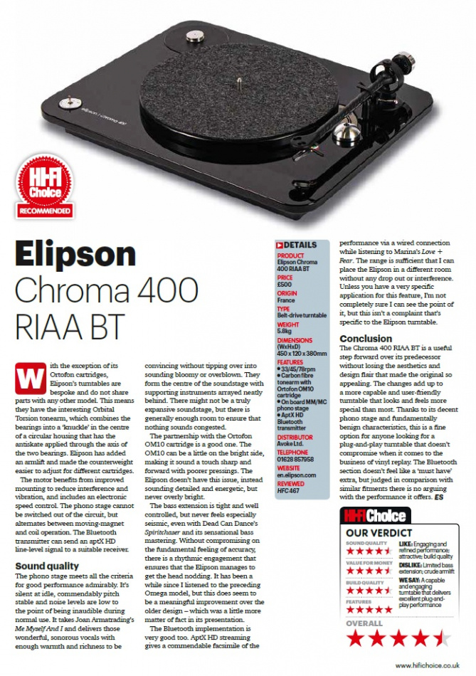 Elipson Chroma 400 platespiller med RIAA-trinn og Bluetooth, pianohvit
