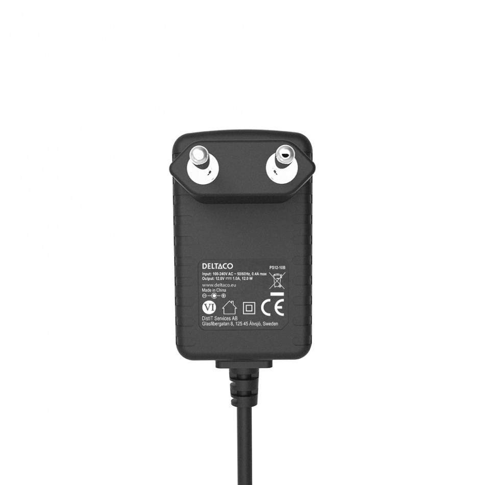 Deltaco PS12-10B Strømadapter 12V DC/1A, svart