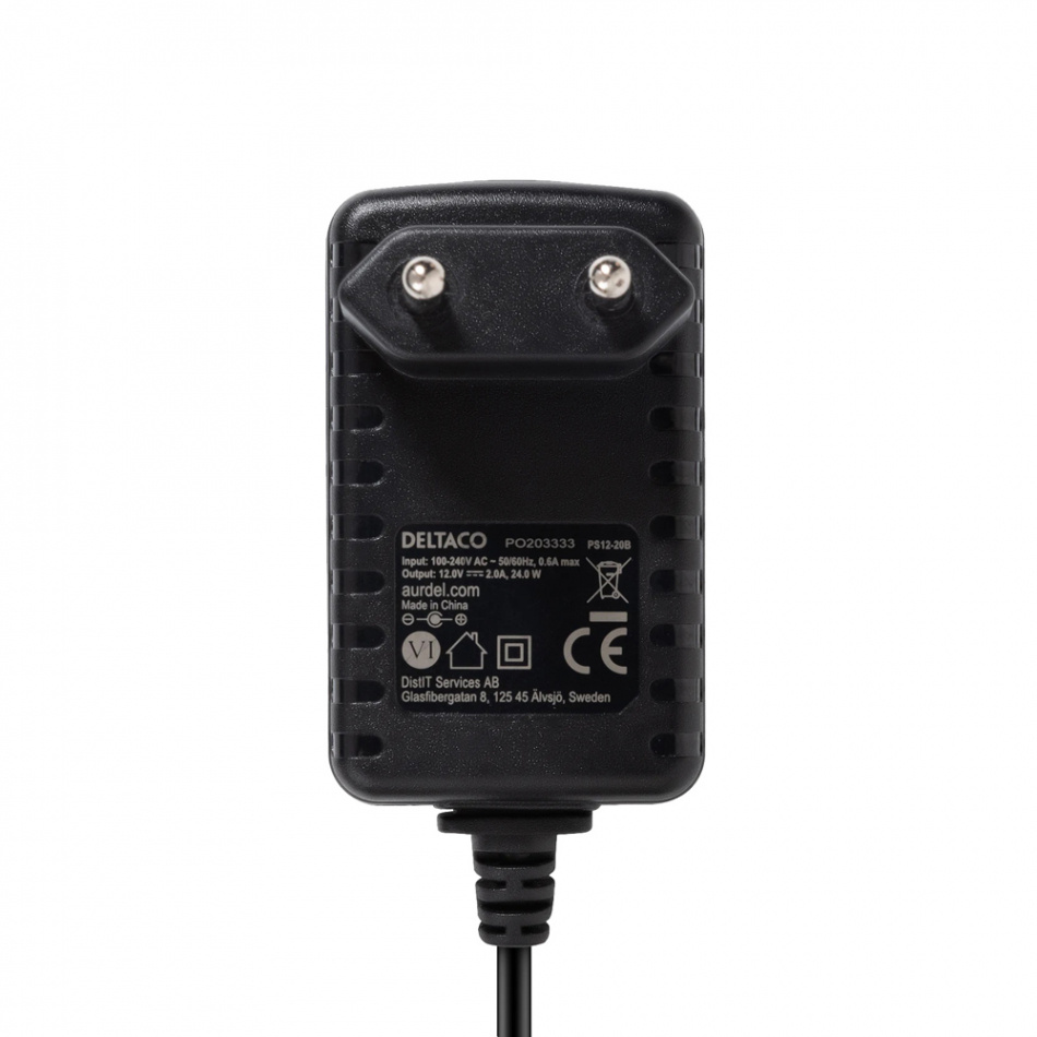 Deltaco PS12-20B Strømadapter 12V DC/2A, svart