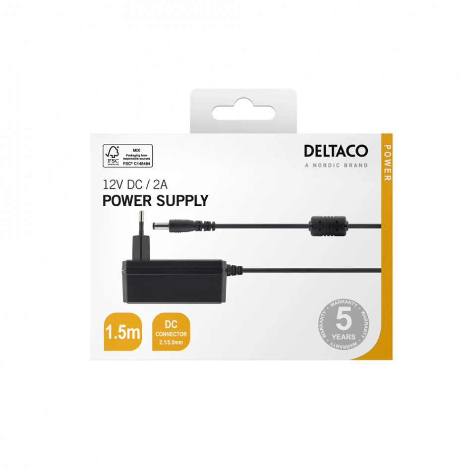 Deltaco PS12-20B Strømadapter 12V DC/2A, svart