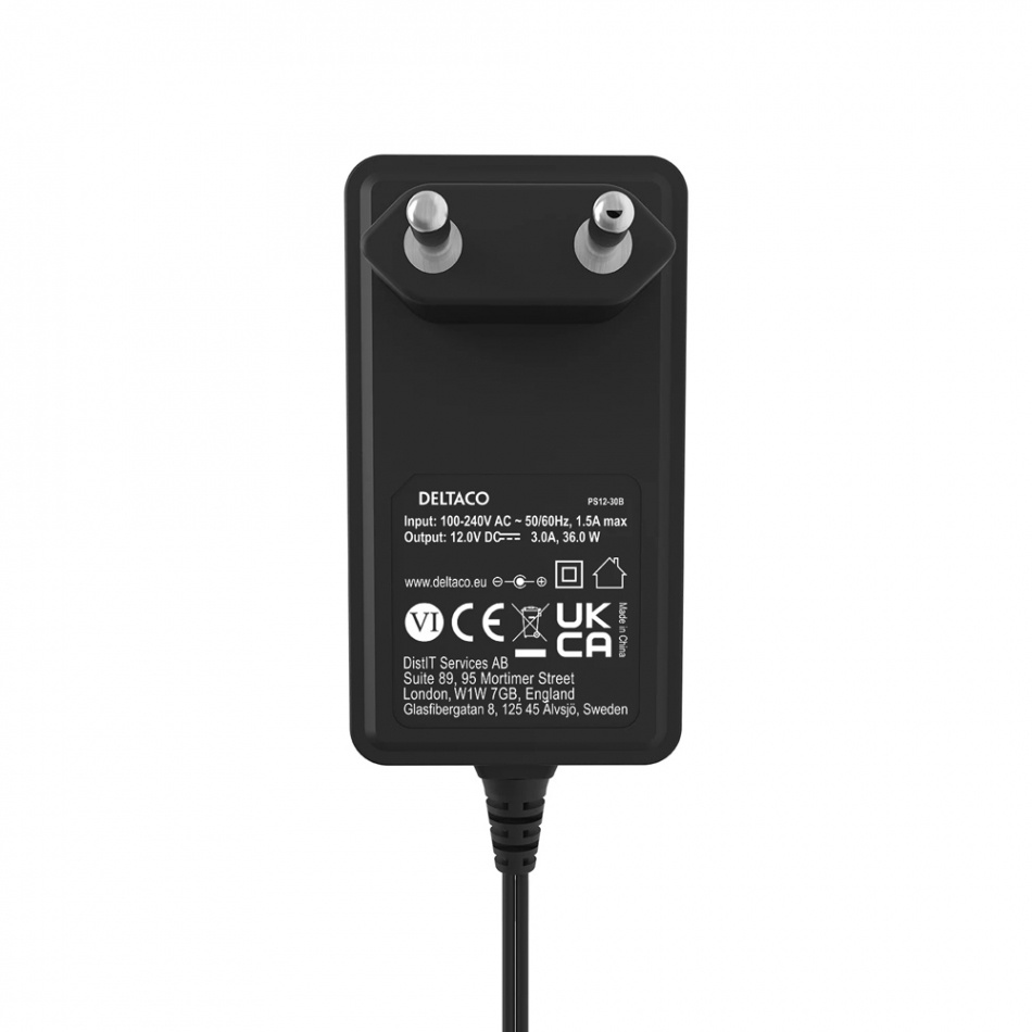 Deltaco PS12-30B Strømadapter 12V DC/3A, svart