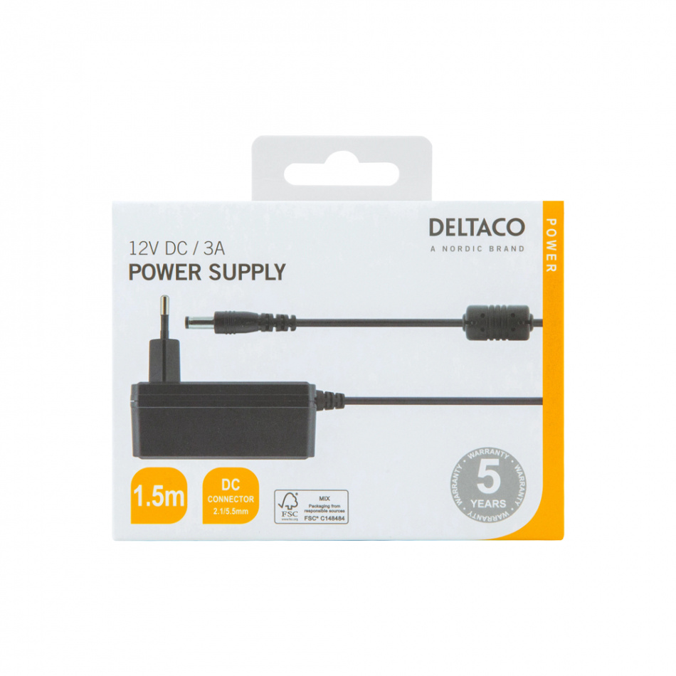 Deltaco PS12-30B Strømadapter 12V DC/3A, svart