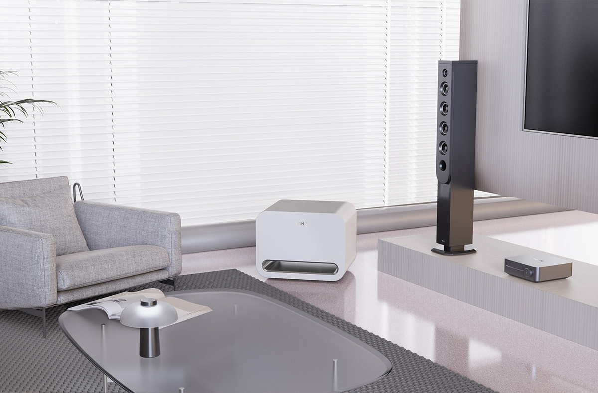 WiiM Sub Pro kompakt trådløs subwoofer, hvit