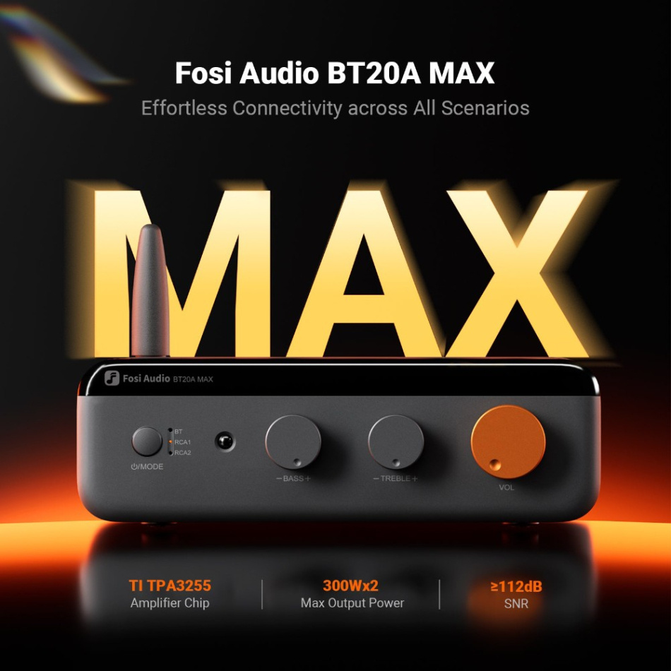 Fosi Audio BT20A Max stereoforsterker med Bluetooth, 48V strømforsyning & høypassfilter