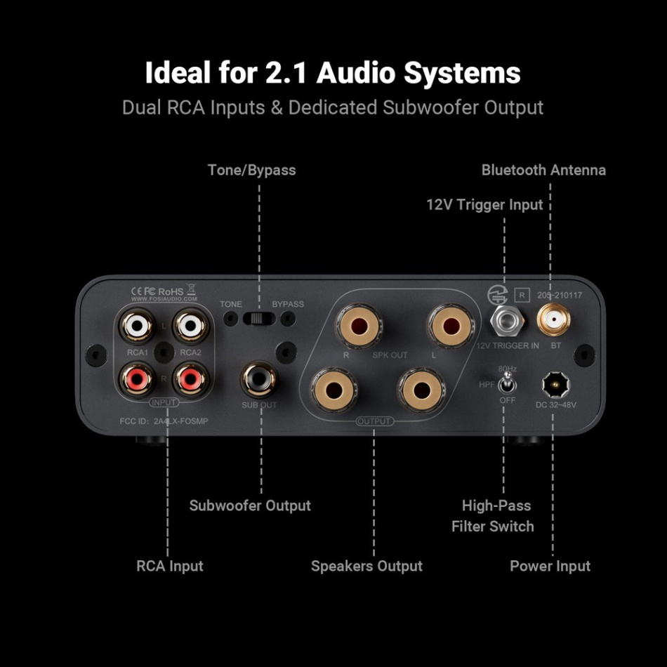 Fosi Audio BT20A Max stereoforsterker med Bluetooth, 48V strømforsyning & høypassfilter