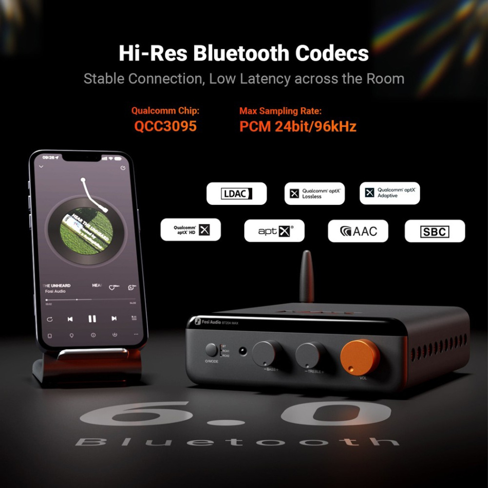 Fosi Audio BT20A Max stereoforsterker med Bluetooth, 48V strømforsyning & høypassfilter