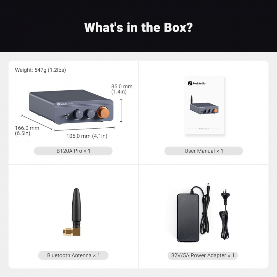 Fosi Audio BT20A PRO kompakt stereoforsterker med Bluetooth & 32V strømforsyning