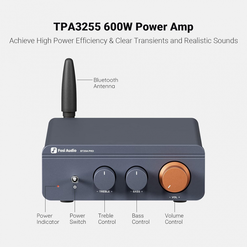 Fosi Audio BT20A PRO kompakt stereoforsterker med Bluetooth & 32V strømforsyning