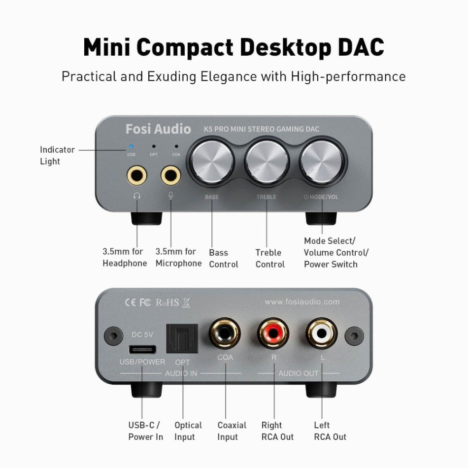 Fosi Audio K5 PRO kompakt hodetelefonforsterker og DAC